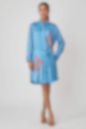 Blue Silk Hand Embroidered Vacation Shirt Dress by Sheeshakari at Pernia's Pop Up Shop