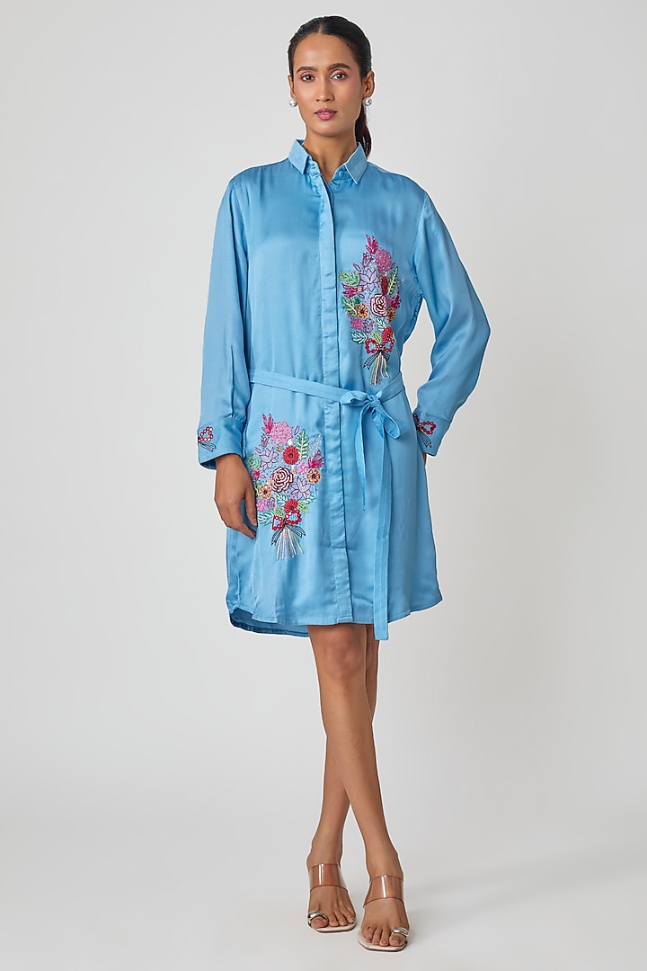 Blue Silk Hand Embroidered Vacation Shirt Dress by Sheeshakari at Pernia's Pop Up Shop
