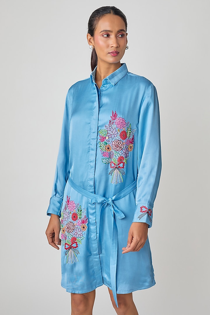 Blue Silk Hand Embroidered Vacation Shirt Dress by Sheeshakari at Pernia's Pop Up Shop