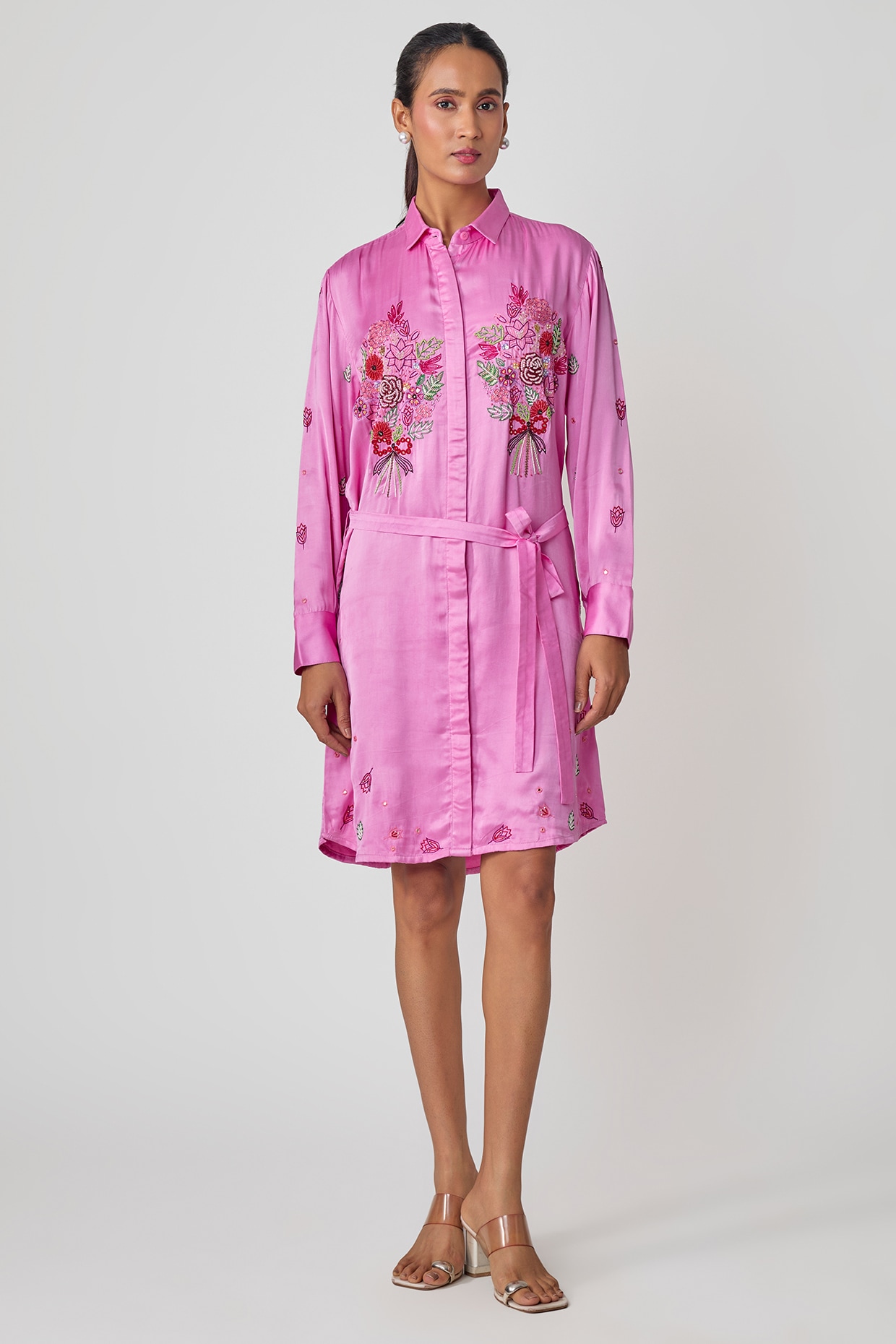 Sheeshakari Blush Pink Silk Hand Embroidered Shirt Dress