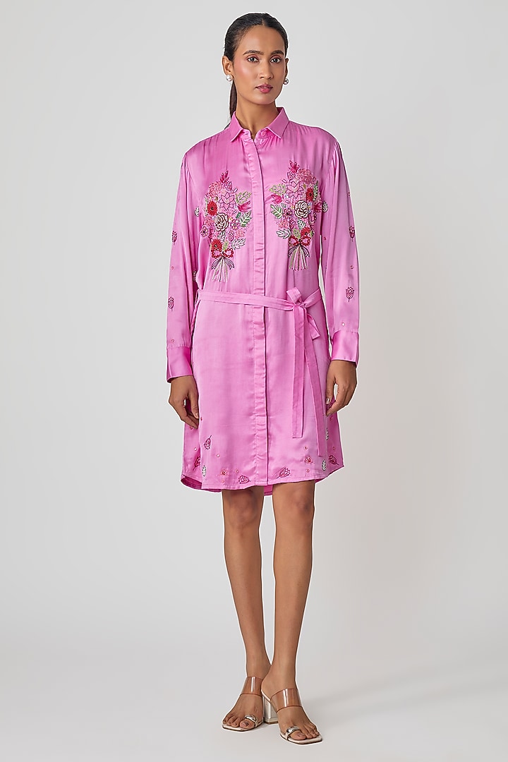 Blush Pink Silk Hand Embroidered Vacation Shirt Dress by Sheeshakari at Pernia's Pop Up Shop