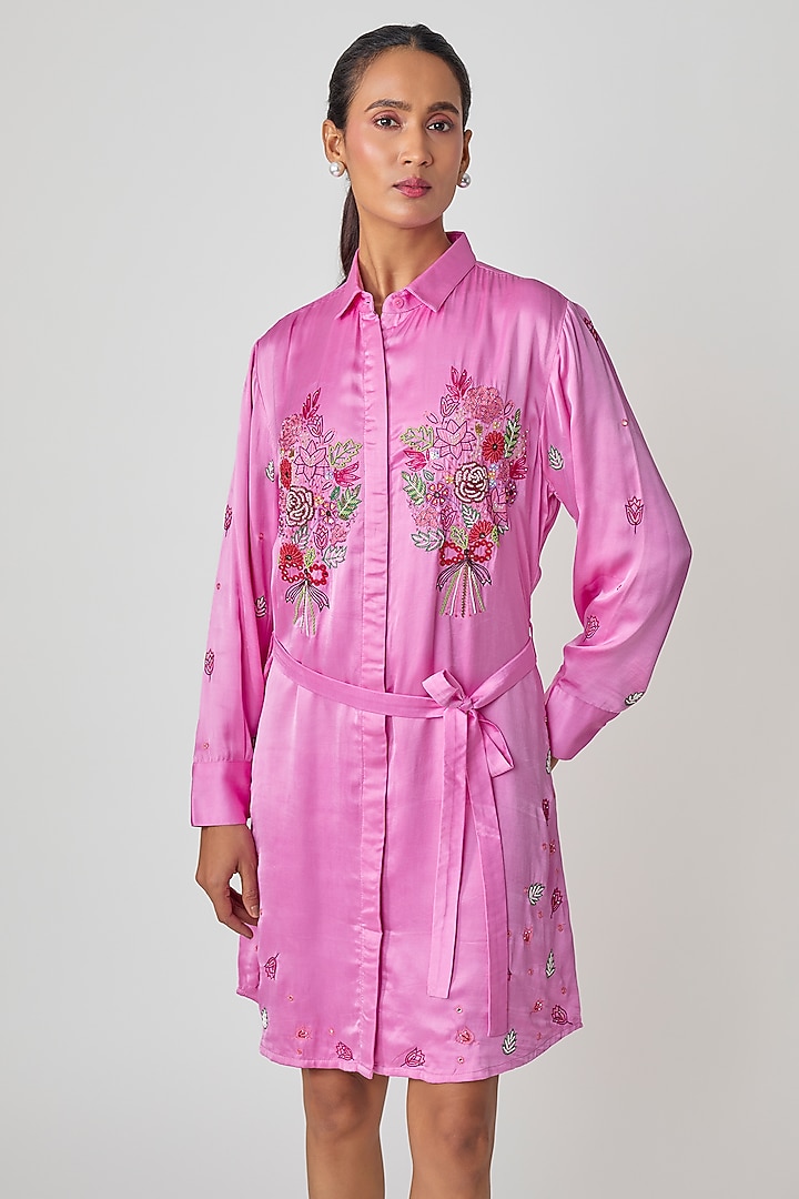Blush Pink Silk Hand Embroidered Vacation Shirt Dress by Sheeshakari at Pernia's Pop Up Shop
