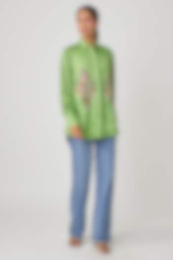 Green Silk Hand Embroidered Shirt by Sheeshakari at Pernia's Pop Up Shop