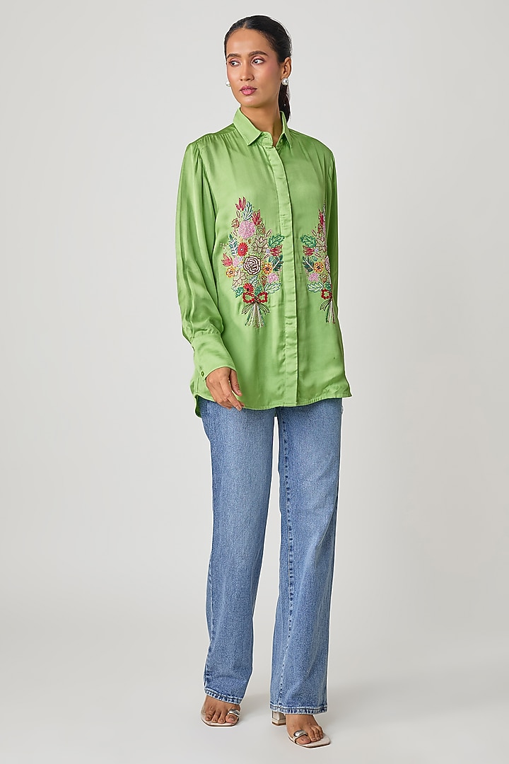 Green Silk Hand Embroidered Shirt by Sheeshakari at Pernia's Pop Up Shop