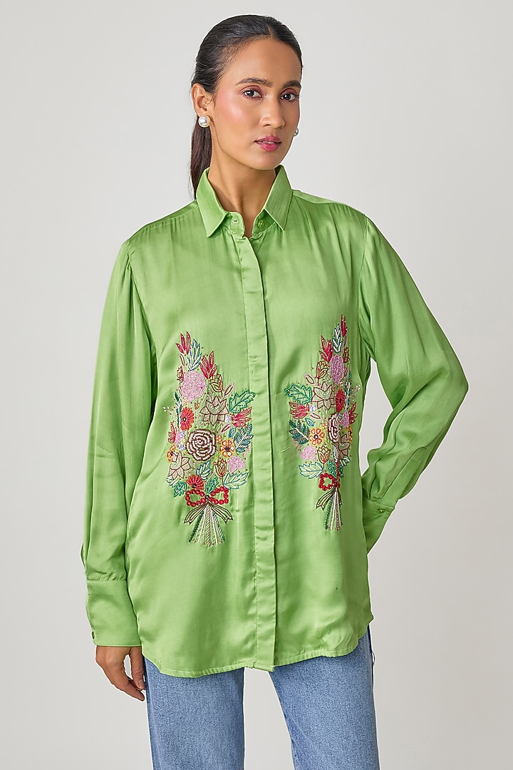 Green Silk Hand Embroidered Shirt by Sheeshakari at Pernia's Pop Up Shop