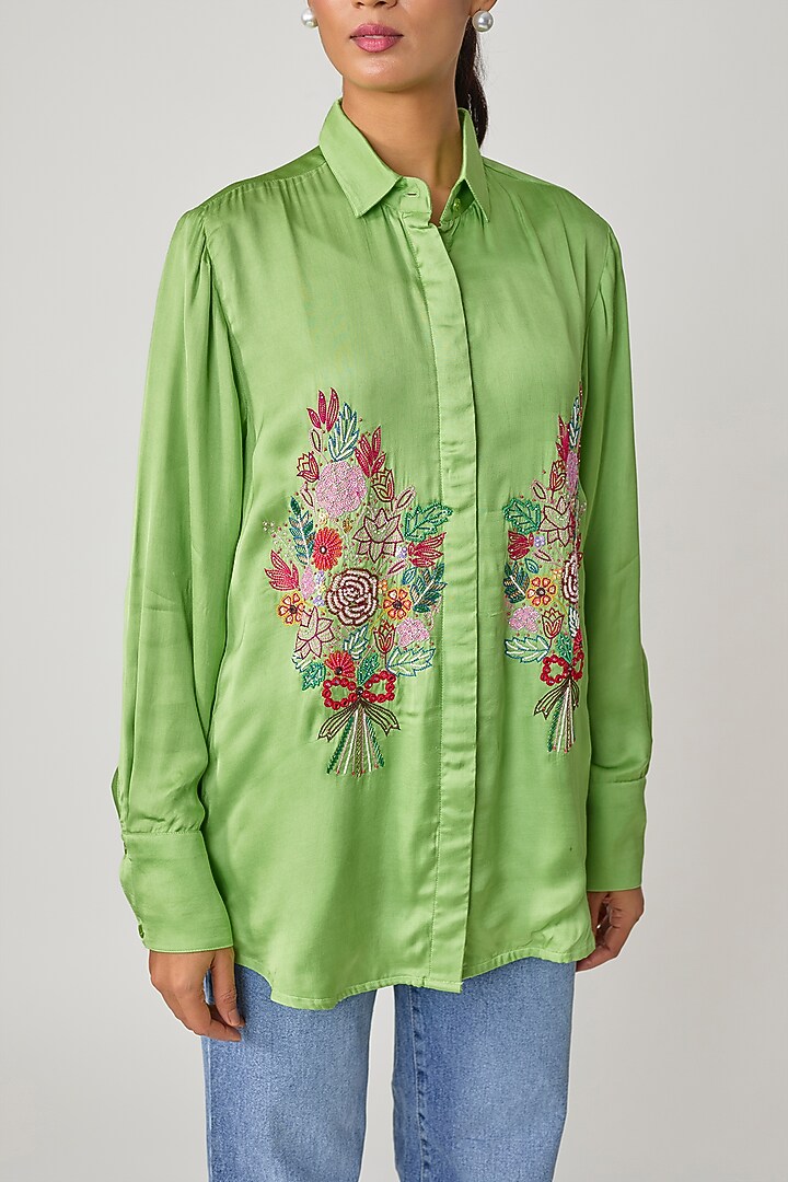 Green Silk Hand Embroidered Shirt by Sheeshakari at Pernia's Pop Up Shop