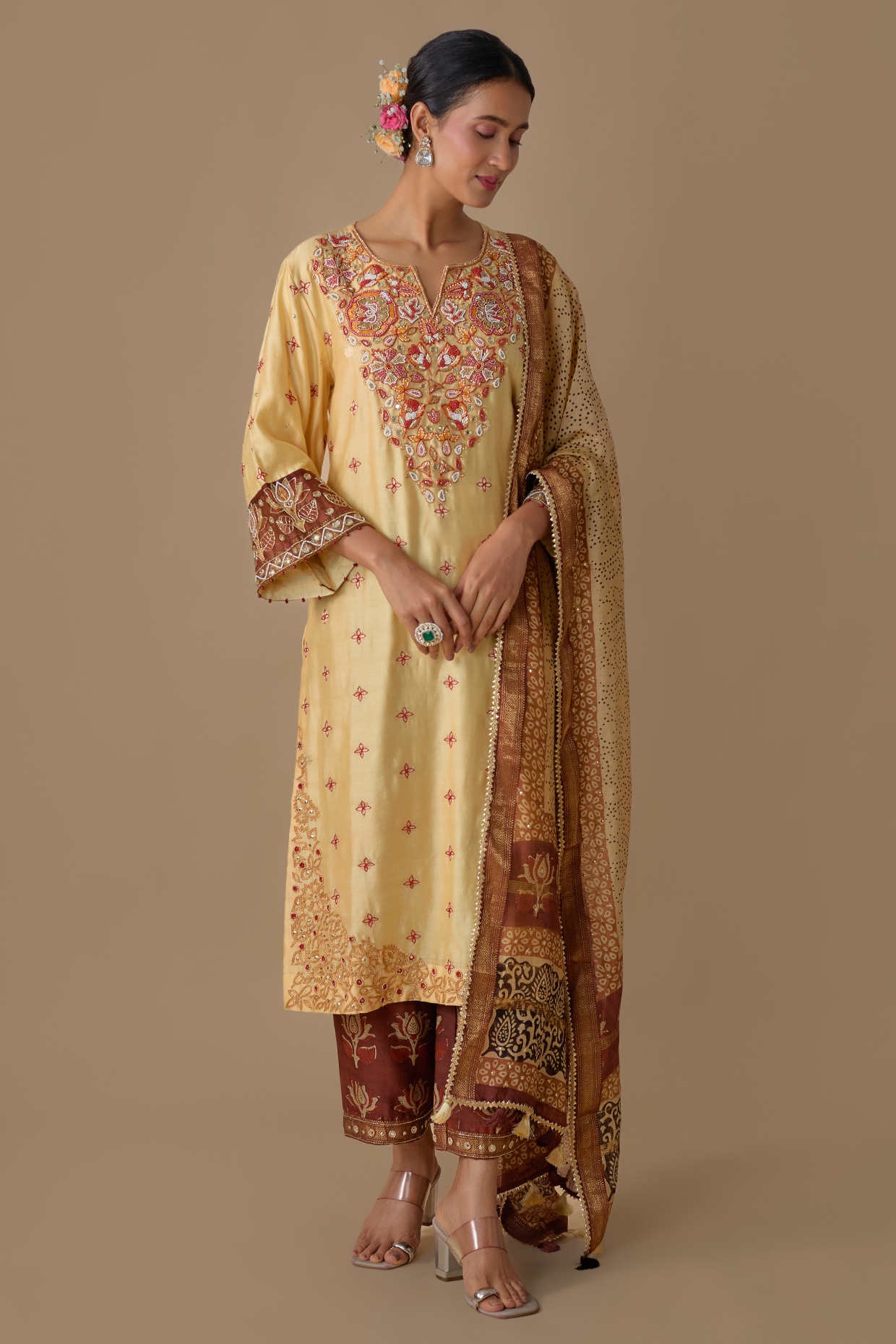 Sheeshakari Cream Silk Hand Embroidered Kurta Set