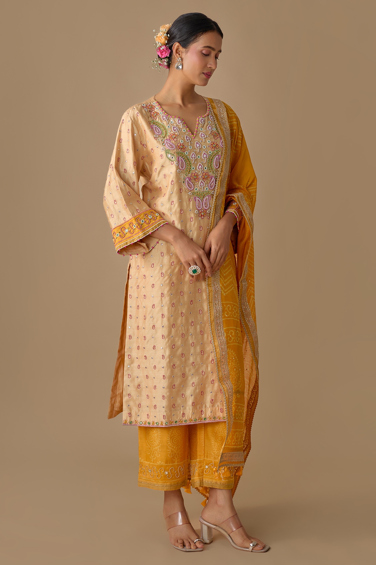 Sheeshakari Cream Silk Hand Embroidered Kurta Set