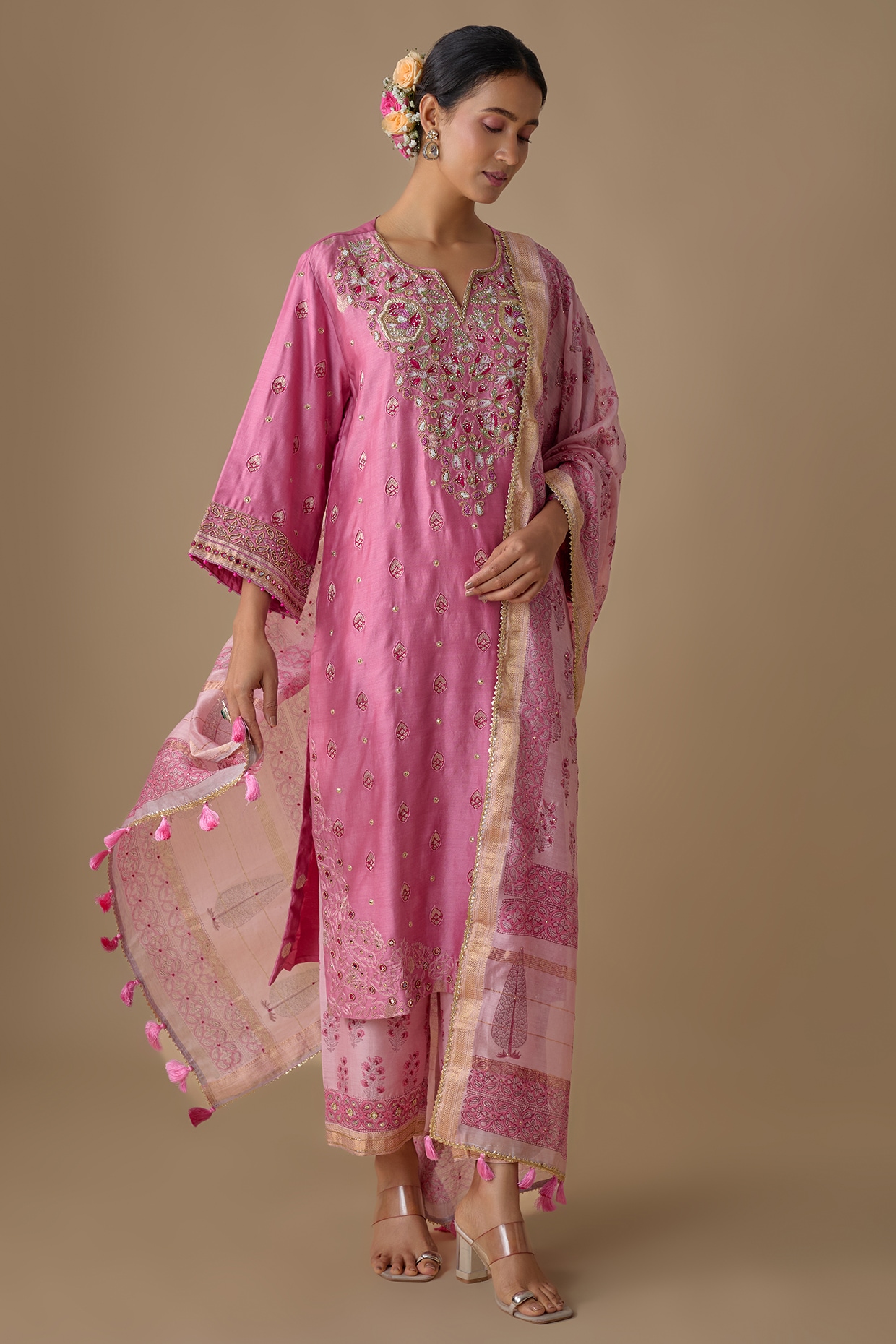 Sheeshakari Pink Silk Hand Embroidered Kurta Set
