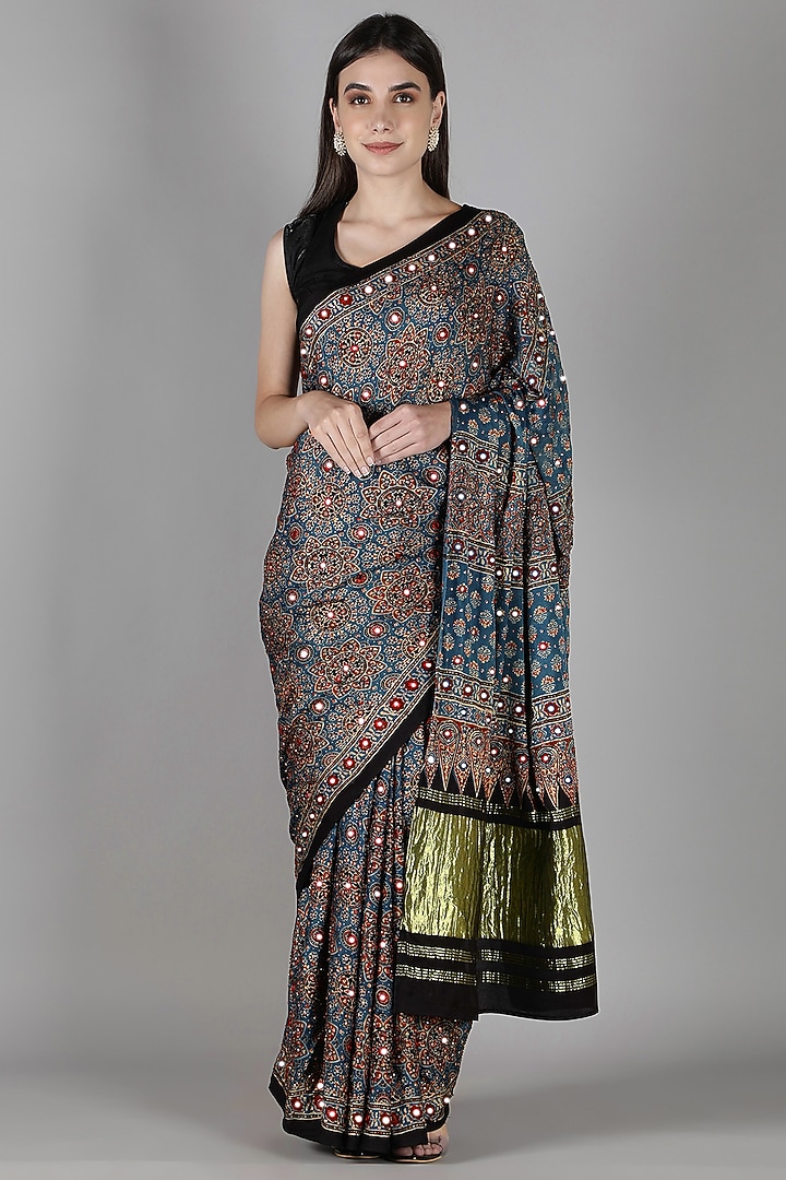 Blue Silk Bead Handwork Reception Saree Set by Sheeshakari at Pernia's Pop Up Shop