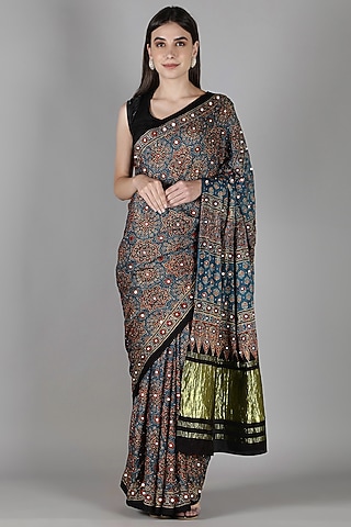 Blue Silk Bead Handwork Saree Set by Sheeshakari