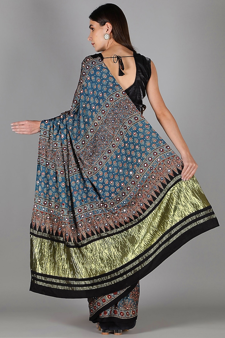 Blue Silk Bead Handwork Reception Saree Set by Sheeshakari at Pernia's Pop Up Shop