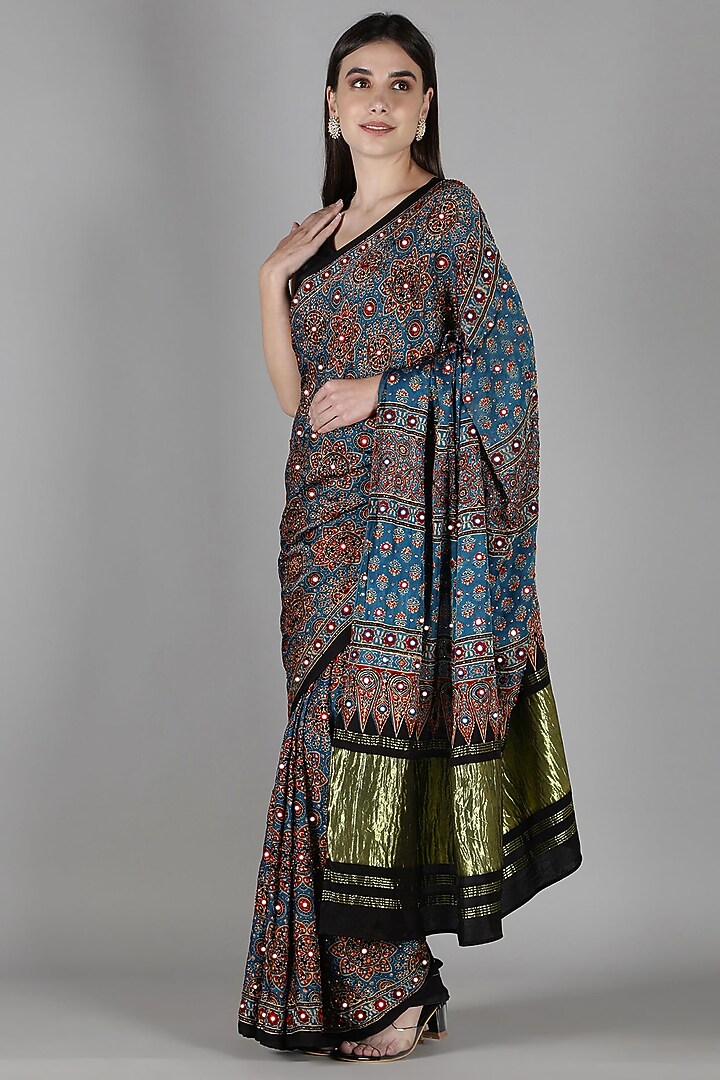 Blue Silk Bead Handwork Reception Saree Set by Sheeshakari at Pernia's Pop Up Shop