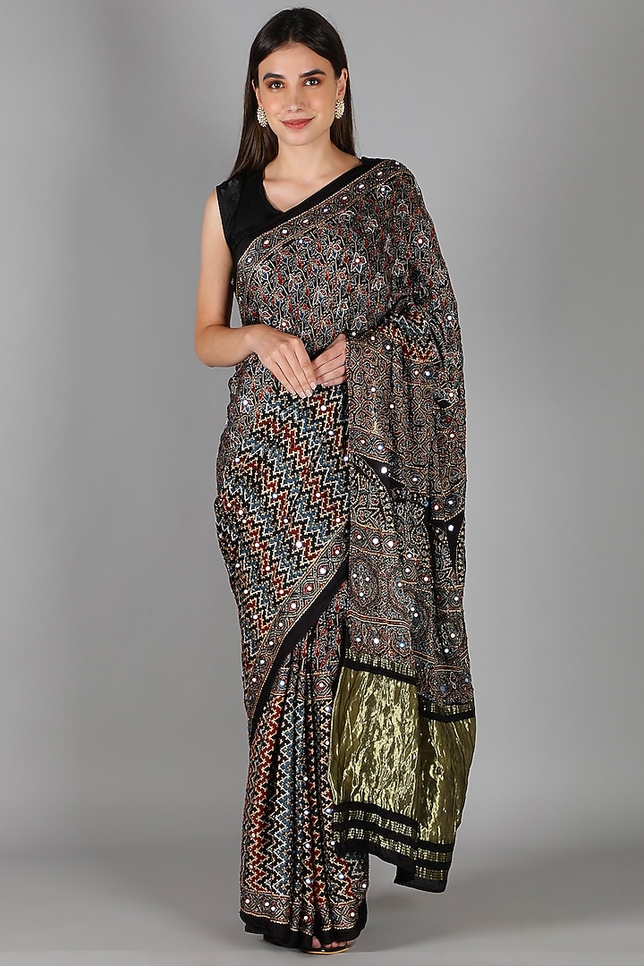 Black Silk Aari Work Reception Saree Set by Sheeshakari at Pernia's Pop Up Shop