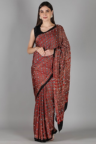 Red Silk Bead Handwork Saree Set by Sheeshakari