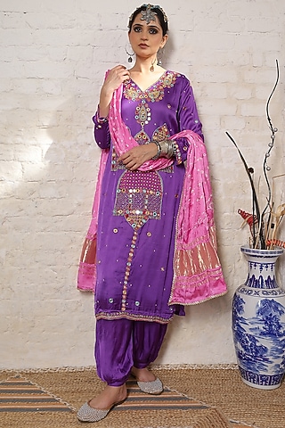 Purple Silk Paisley Motif Embroidered Kurta Set by Sheeshakari