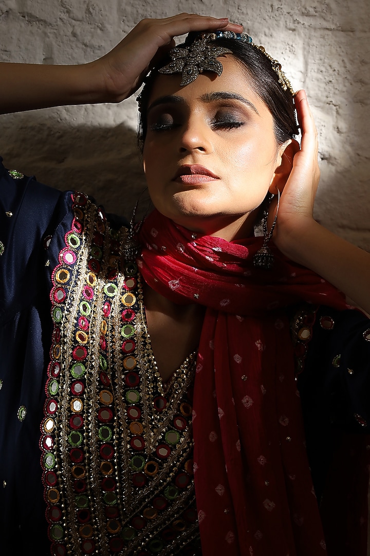 Midnight Blue Silk Mirror & Beads Embroidered Kurta Set by Sheeshakari at Pernia's Pop Up Shop