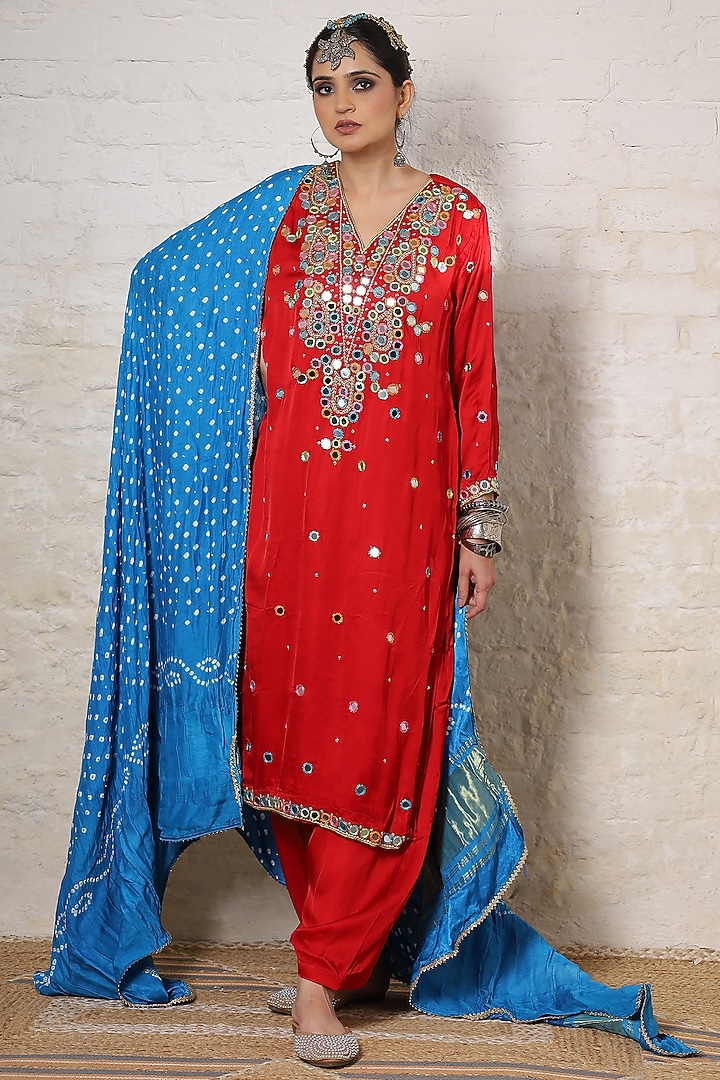 Crimson Red Silk Paisley Motif Embroidered Kurta Set by Sheeshakari at Pernia's Pop Up Shop