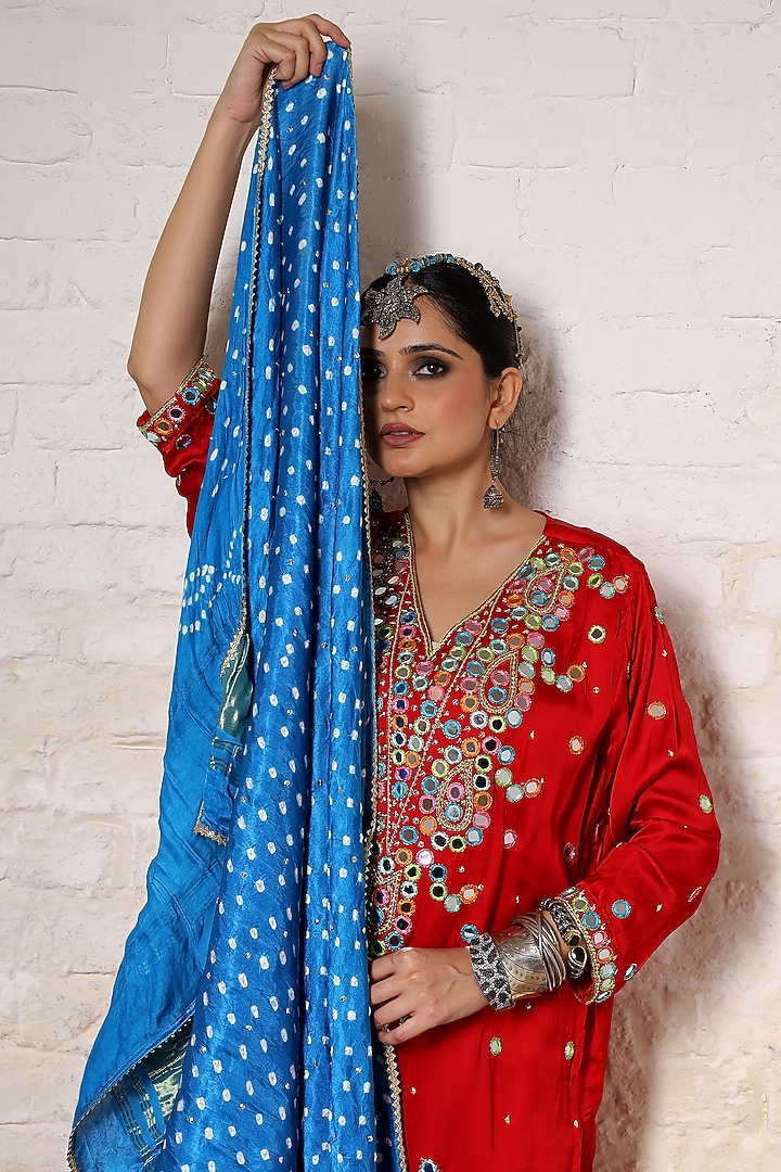 Crimson Red Silk Paisley Motif Embroidered Kurta Set by Sheeshakari at Pernia's Pop Up Shop
