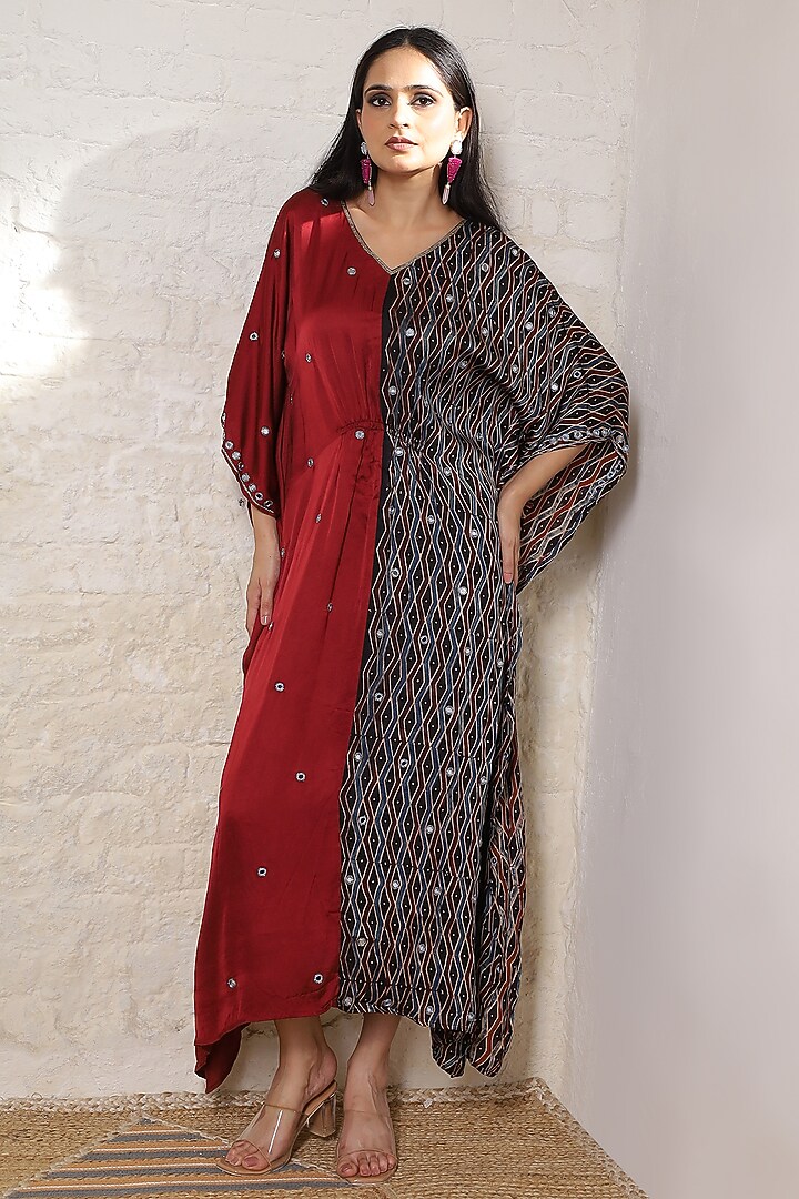 Rust Silk Printed & Hand Embroidered Kaftan by Sheeshakari at Pernia's Pop Up Shop