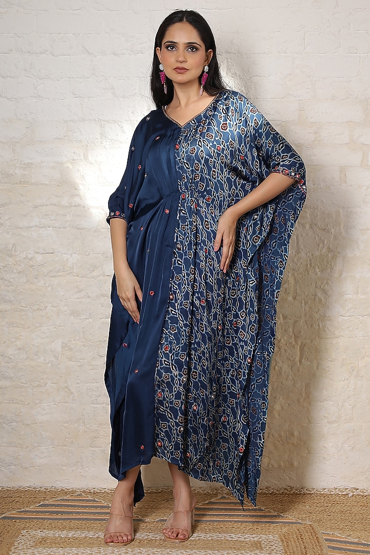 Blue Silk Printed & Hand Embroidered Kaftan by Sheeshakari at Pernia's Pop Up Shop
