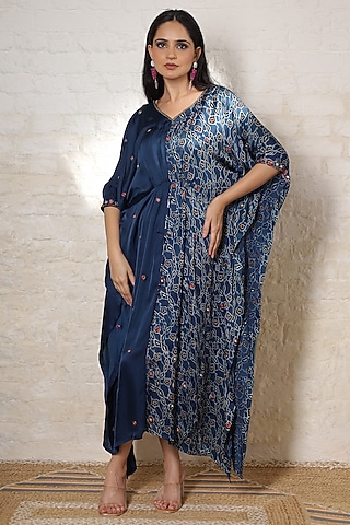 Blue Silk Printed & Hand Embroidered Kaftan by Sheeshakari