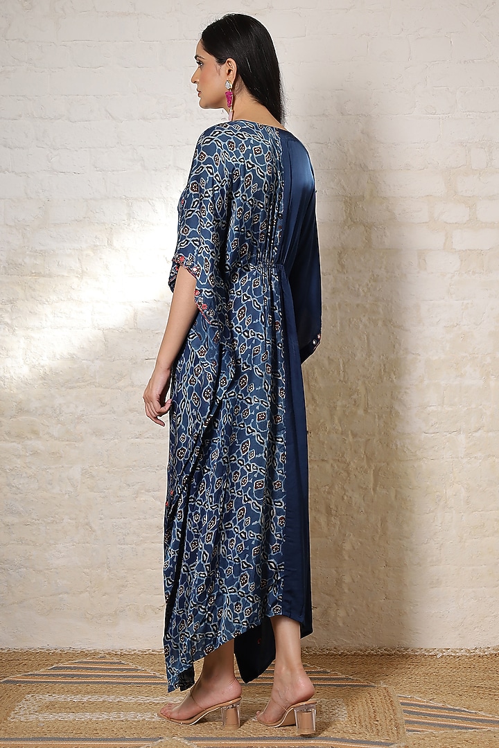 Blue Silk Printed & Hand Embroidered Kaftan by Sheeshakari at Pernia's Pop Up Shop