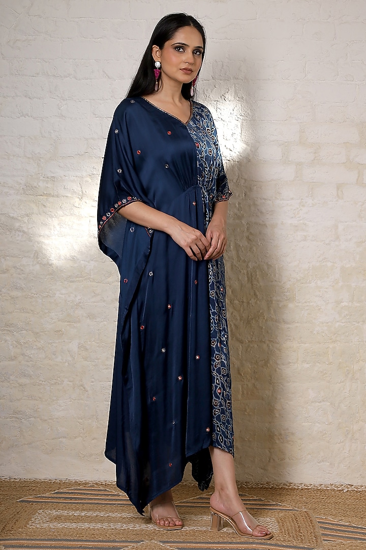 Blue Silk Printed & Hand Embroidered Kaftan by Sheeshakari at Pernia's Pop Up Shop
