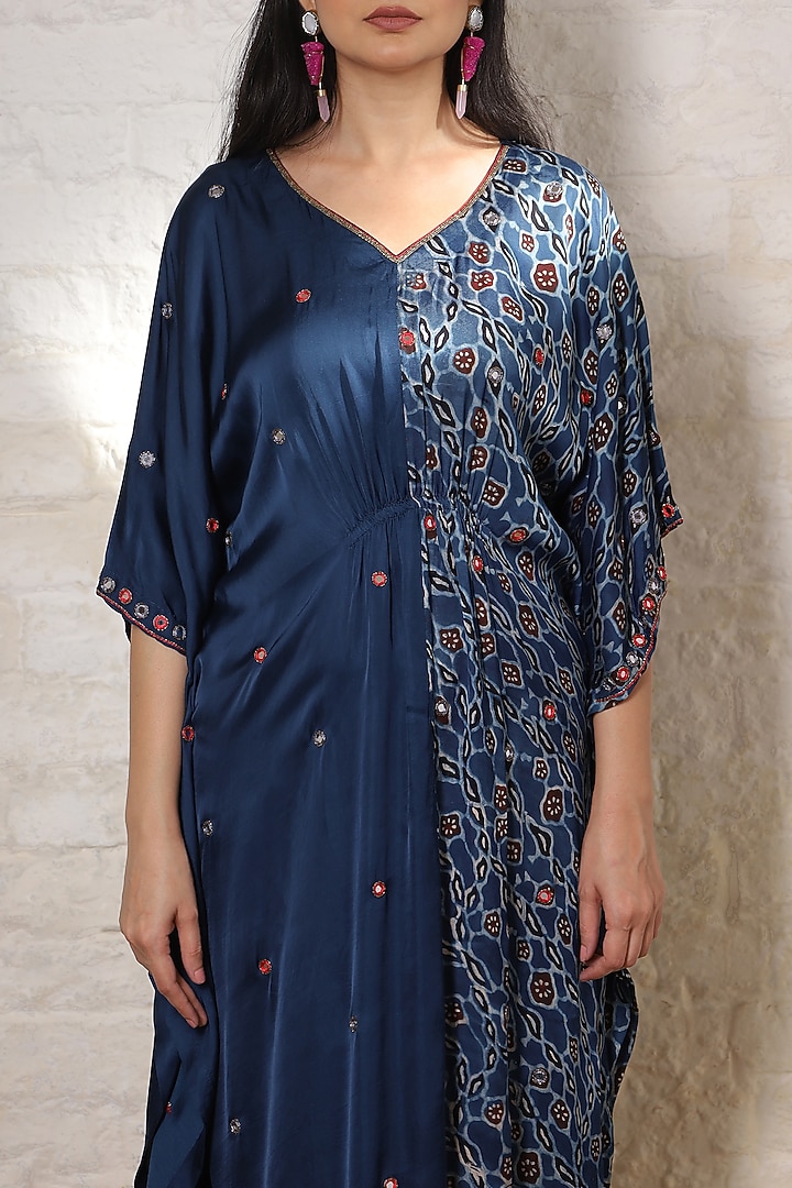 Blue Silk Printed & Hand Embroidered Kaftan by Sheeshakari at Pernia's Pop Up Shop