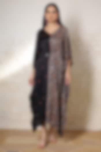 Black Silk Printed & Hand Embroidered Kaftan by Sheeshakari at Pernia's Pop Up Shop
