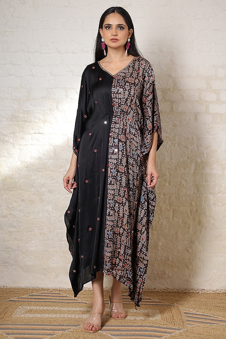 Black Silk Printed & Hand Embroidered Kaftan by Sheeshakari at Pernia's Pop Up Shop