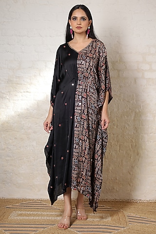 Black Silk Printed & Hand Embroidered Kaftan by Sheeshakari