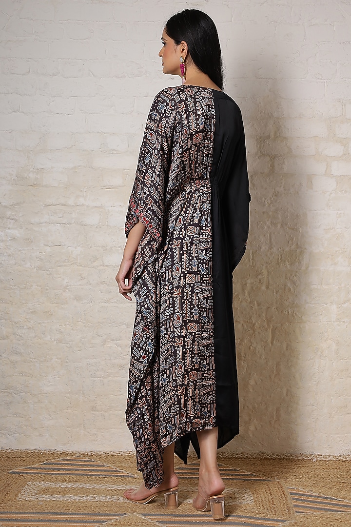Black Silk Printed & Hand Embroidered Kaftan by Sheeshakari at Pernia's Pop Up Shop