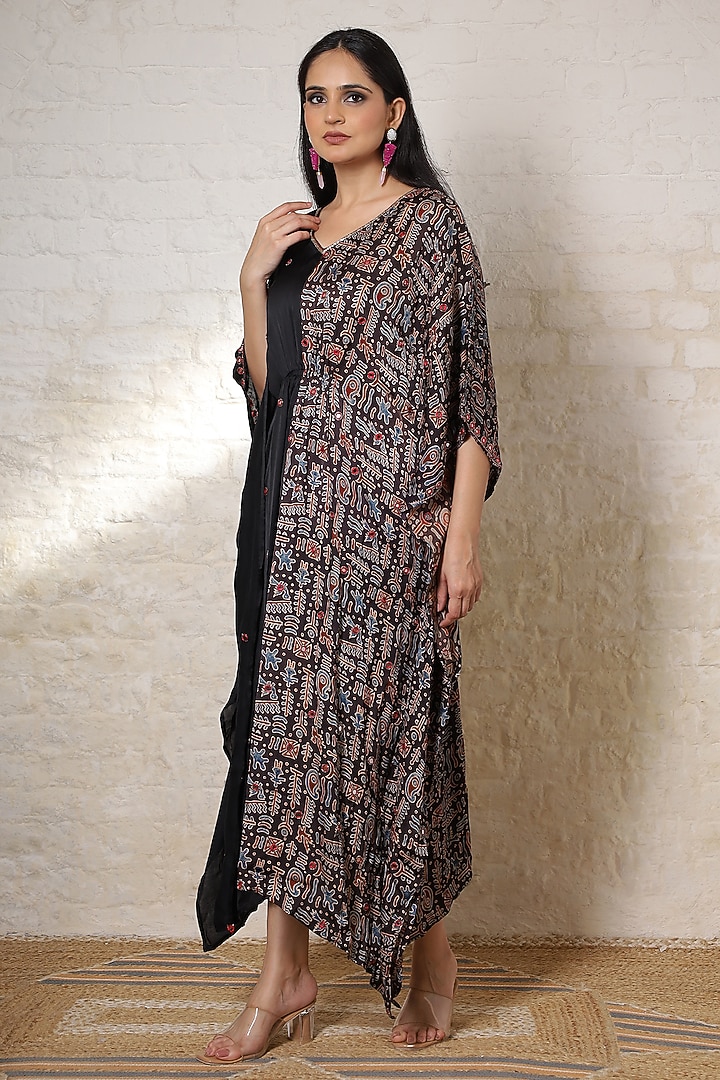 Black Silk Printed & Hand Embroidered Kaftan by Sheeshakari at Pernia's Pop Up Shop