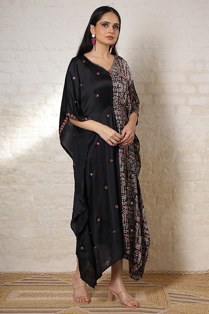 Black Silk Printed & Hand Embroidered Kaftan by Sheeshakari at Pernia's Pop Up Shop