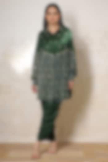 Green Silk Printed & Hand Embroidered Co-Ord Set by Sheeshakari at Pernia's Pop Up Shop