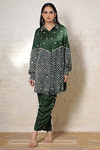 Green Silk Printed & Hand Embroidered Co-Ord Set by Sheeshakari