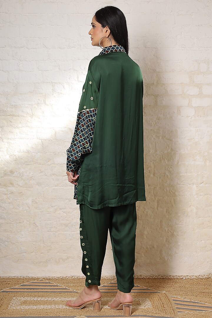 Green Silk Printed & Hand Embroidered Co-Ord Set by Sheeshakari at Pernia's Pop Up Shop