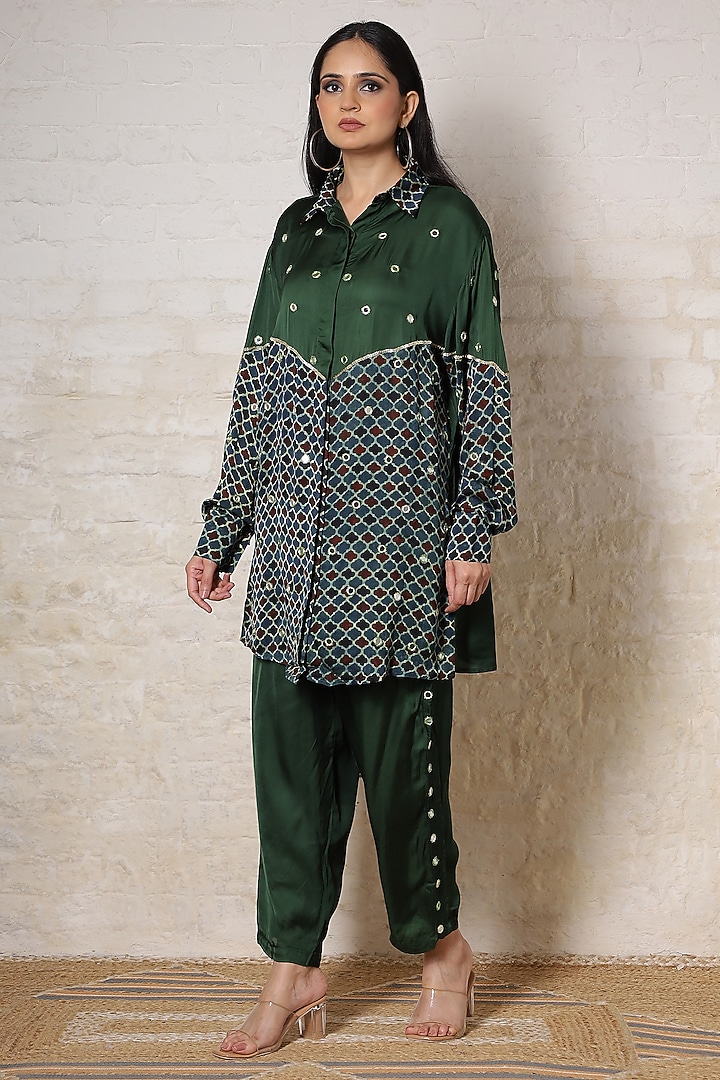 Green Silk Printed & Hand Embroidered Co-Ord Set by Sheeshakari at Pernia's Pop Up Shop