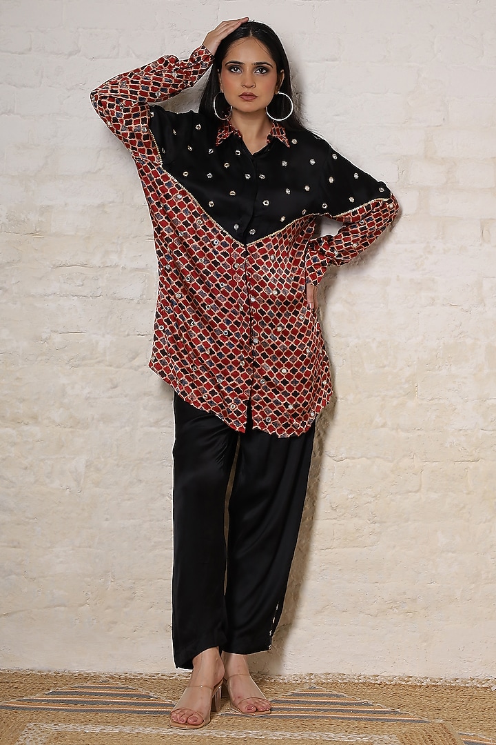 Black Silk Printed & Hand Embroidered Co-Ord Set by Sheeshakari at Pernia's Pop Up Shop