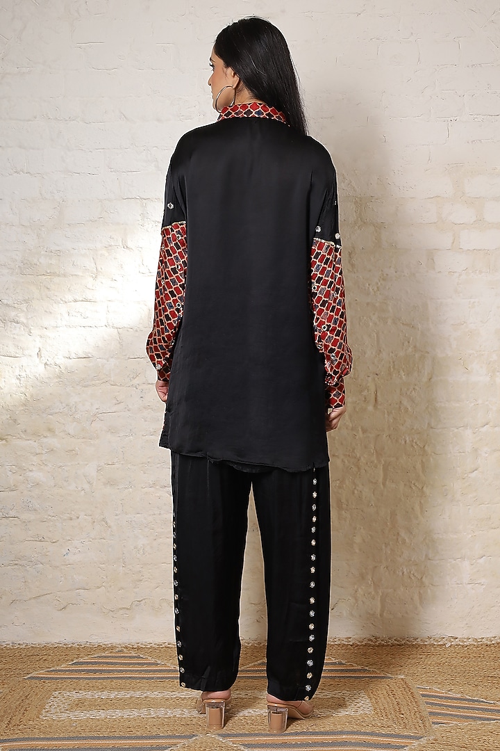 Black Silk Printed & Hand Embroidered Co-Ord Set by Sheeshakari at Pernia's Pop Up Shop