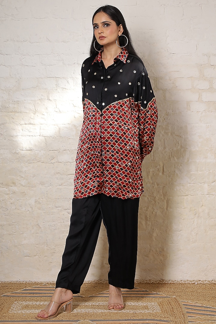 Black Silk Printed & Hand Embroidered Co-Ord Set by Sheeshakari at Pernia's Pop Up Shop