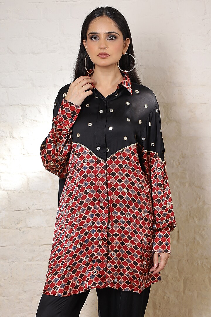 Black Silk Printed & Hand Embroidered Co-Ord Set by Sheeshakari at Pernia's Pop Up Shop