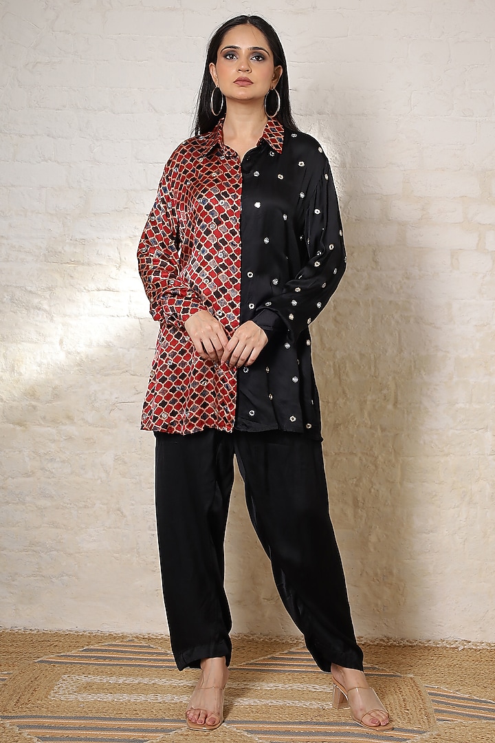 Black Silk Printed & Hand Embroidered Co-Ord Set by Sheeshakari at Pernia's Pop Up Shop