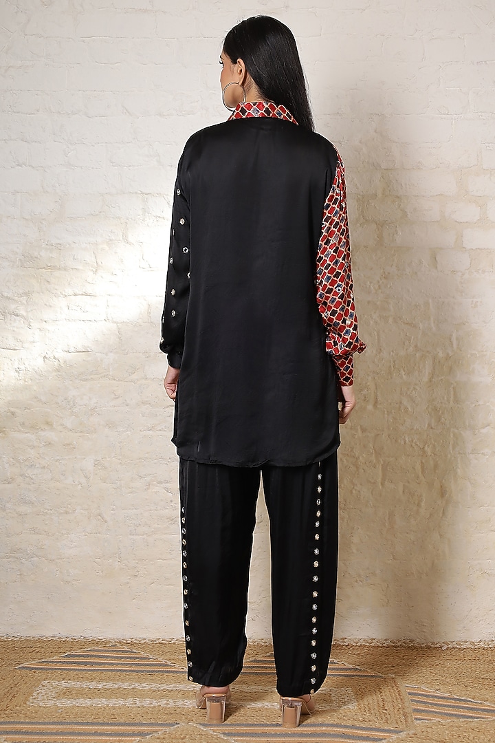 Black Silk Printed & Hand Embroidered Co-Ord Set by Sheeshakari at Pernia's Pop Up Shop