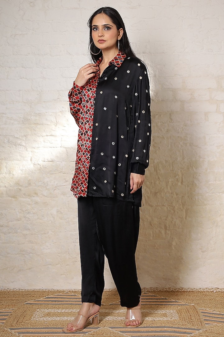 Black Silk Printed & Hand Embroidered Co-Ord Set by Sheeshakari at Pernia's Pop Up Shop