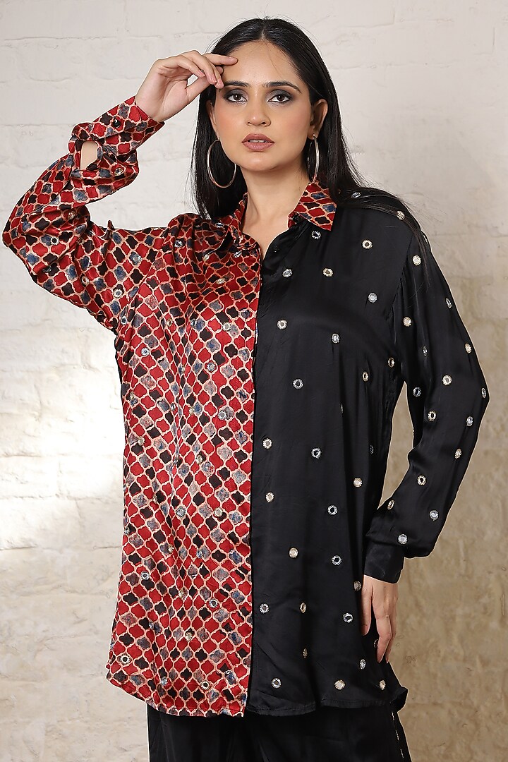 Black Silk Printed & Hand Embroidered Co-Ord Set by Sheeshakari at Pernia's Pop Up Shop