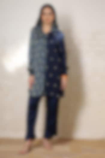 Blue Silk Printed & Hand Embroidered Co-Ord Set by Sheeshakari at Pernia's Pop Up Shop