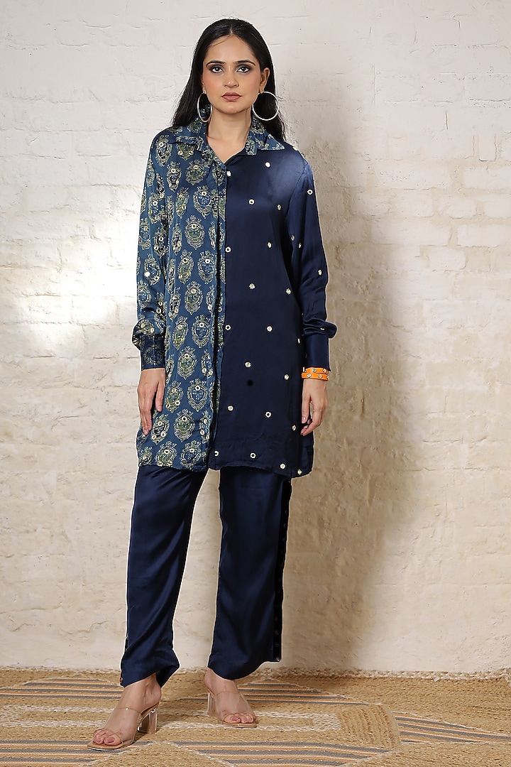 Blue Silk Printed & Hand Embroidered Co-Ord Set by Sheeshakari at Pernia's Pop Up Shop