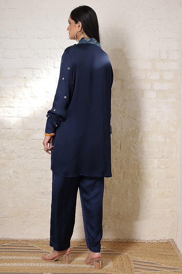 Blue Silk Printed & Hand Embroidered Co-Ord Set by Sheeshakari at Pernia's Pop Up Shop